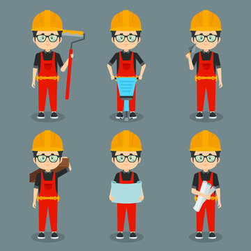 Stock Vector Construction Workers with Various Activities