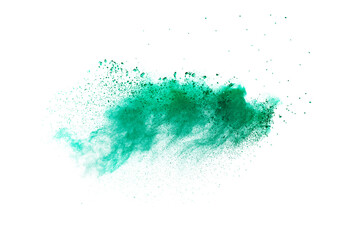 Splash of green colored powder on white background.Green powder explosion.