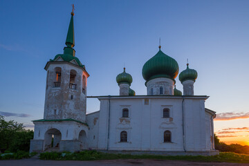 Fototapeta na wymiar Ancient Church of the Nativity of John the Baptist close-up in early June morning. Staraya Ladoga, Russia