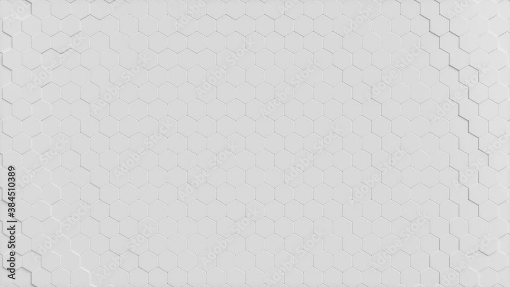 Poster movement of a wall of hexagons in waves up and down, which creates red self-luminous hexagons. abstr