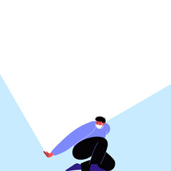 Character wearing a face mask with a blank white banner. Flat illustration of a man with covered face holding white paper on his back. Template for your content.