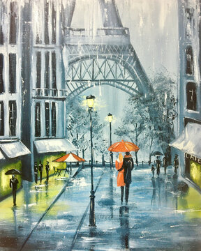 Bad weather in city drawing. Oil painting rain in paris.