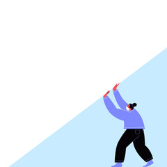 Obraz premium Character wearing a face mask with a blank white banner. Flat illustration of a woman covering her face with a bun hairstyle holding white paper. Template for your content.