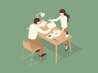 The employee was told by the boss to fix the job. Isometric Illustration about working on the table.