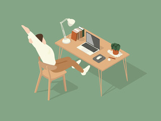 Man stretch after work is done. Isometric Illustration about working on the table.