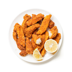 Delicious crispy fried breaded chicken breast strips .top view.  isolated on white background