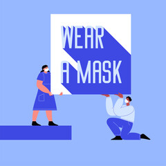 Two characters wearing face masks with a banner saying wear a mask. Flat illustration of a man and a woman with covered faces. Covid-19 prevention instructions.