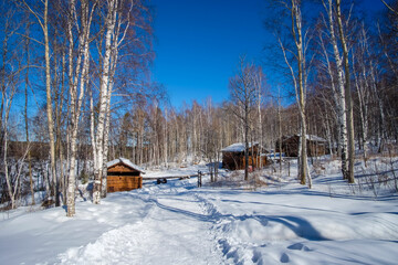 Wooden houses in Siberia during winter. 