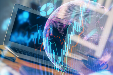 Multi exposure of forex graph and work space with computer. Concept of international online trading.