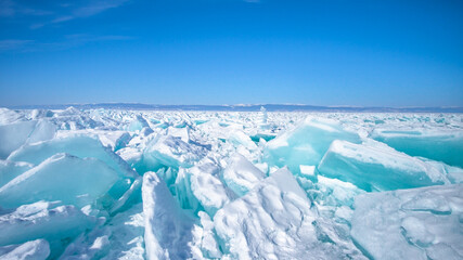 Field of ice hummocks on the frozen Lake Baikal, Irkutsk, Russia. 