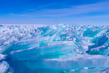 Field of ice hummocks on the frozen Lake Baikal, Irkutsk, Russia. 