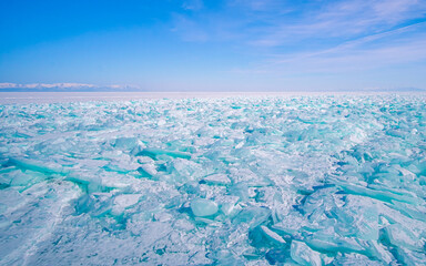 Field of ice hummocks on the frozen Lake Baikal, Irkutsk, Russia. 