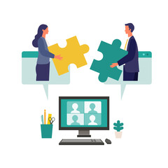 Metaphor of teamwork, cooperation, partnership. Flat design vector illustration of business people.