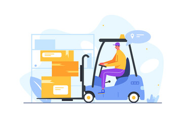 Guy works in a warehouse and carries cargo in boxes on an electric lift truck isolated on white background, flat vector illustration