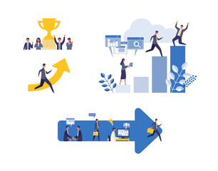 Fototapeta na wymiar Metaphor of business process, accomplish, strategy. Flat design vector illustration of business people. Concept for goal achievement. 