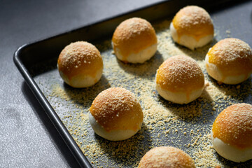 Fresh out of the oven delicious egg yolk pastry, in the room

