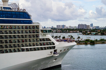 Modern Celebrity luxury cruiseship or cruise ship liner Equinox in port of Miami, Florida heading...