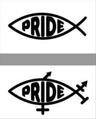 Set of 'Jesus Fish' graphics with the word PRIDE representing the Lesbian, Gay, Bisexual, Transgender community and for many their faith. 