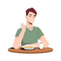 Happy guy eating dinner isolated flat cartoon person eating soup first course and drinking juice. Vector smiling man enjoying tasty snack in restaurant sitting at wooden table, hot coffee in glass