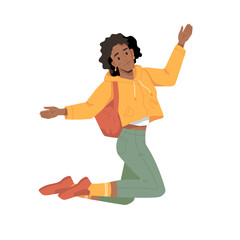 Curly african american woman with backpack leaping or jumping with hands up isolated college university student in trendy clothes. Vector afro-american female in casual cloth, flat cartoon character