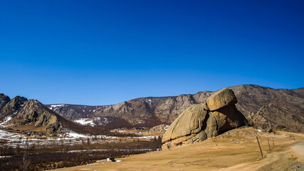 Fototapeta na wymiar Landscape of Terelj national park on Mongolia with its famous Turtle rock.