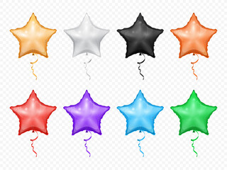 Balloons in shape of stars isolated set. Vector red purple, green blue, golden, black white heart-shape helium balloons. Birthday and anniversary decor, Valentines day and love holidays decoration