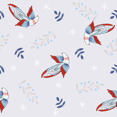 christmas seamless pattern with birds and branches. Wrapping paper, wallpaper in soft colors, textiles.  