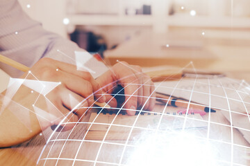 Man with multi exposure global network theme icons.