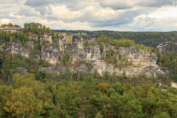 Fototapeta na wymiar View to the Bastei Rocks in Saxon Switzerland from the Rauenstein