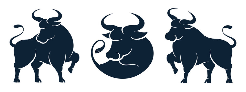 Ox silhouette isolated bulls icons. Vector farm animal, symbol of New Year 2021 metal ox symbol, Taurus zodiac horoscope sign. Vector longhorn buffalo head and full length portrait, horned beef