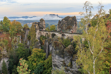 Typical tourist view to the Bastei bridge in the Saxon Switzerland near Dresden