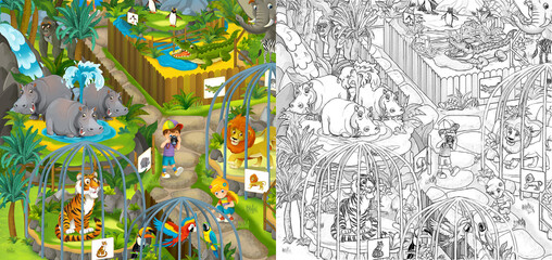Cartoon zoo scene with sketch amusement park illustration