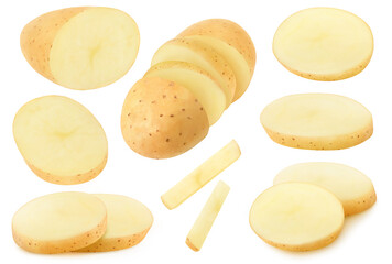 Isolated potato collection. Pieces of raw potatoes isolated on white background
