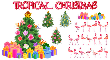 Fototapeta na wymiar Set of christmas tree made of tropical leaves monstera, avocado, flamingos in Santa Claus hats, gifts under the Christmas tree, fireworks.