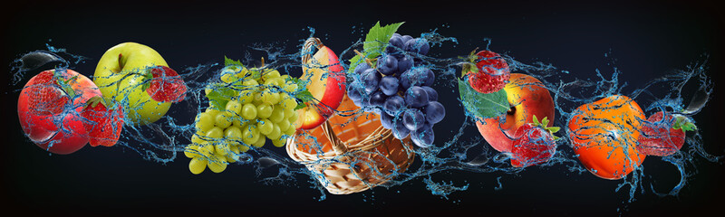 Panorama with fresh fruits in the water - apple, grapes, peach, persimmon, strawberry, a very tasty...