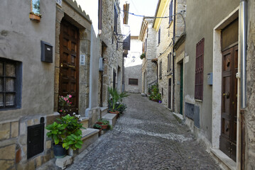 Fototapeta na wymiar A narrow street between the old houses of the town of Vico nel Lazio, in the province of Frosinone