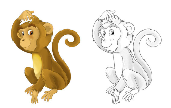 cartoon sketch scene with monkey ape on white background - illustration