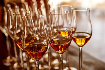 Glasses with brandy or cognac stand in a row. Blurred background, warm tinted. Tasting glasses with aged french cognac brandy