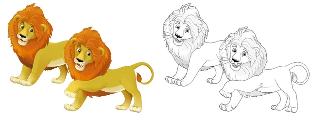 Tafelkleed cartoon scene with lion cat animal with sketch - illustration © agaes8080