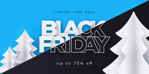 Black Friday Sale banner, poster or flyer design with paper cut style text and white firs. Minimal design template with modern typography for advertising, social and fashion ads. Vector illustration