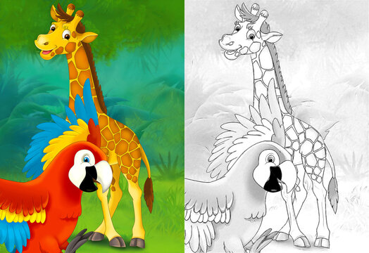 cartoon sketch scene with giraffe in the forest - illustration