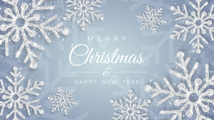 Christmas poster with shiny silver snowflakes on a white background. Vector illustration