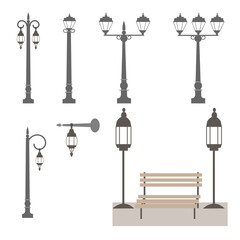 a set of street lamps and a bench. Vector.