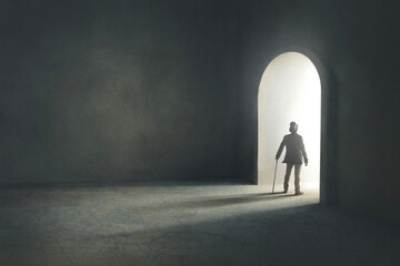 man entering in a mysterious light door, surreal concept