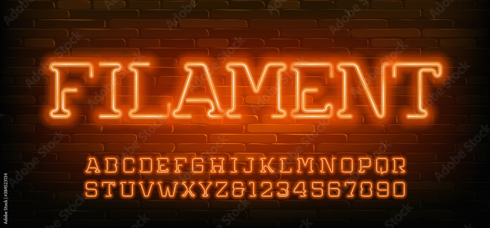 Fototapete filament alphabet font. orange neon light letters and numbers. stock vector typescript for your desi