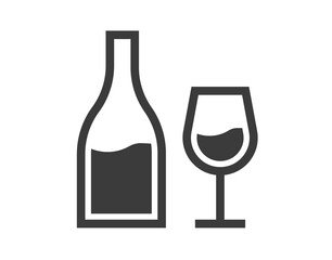 Wine glass and bottle icon vector shape silhouette line outline art pictogram, champagne or alcohol beverage menu bar idea sign
