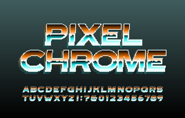 Pixel Chrome alphabet font. 3d pixel letters, numbers and symbols. 80s arcade video game typescript.