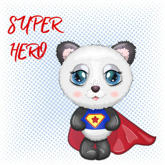 Cute little panda with big eyes in a cloak by a super hero, greeting card illustration, cute animal