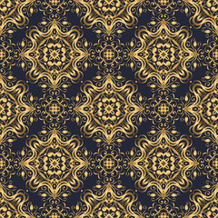 Swirl pattern. Seamless gold and navy blue ornament. 3D effect