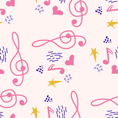 Treble clef, notes, heart, stars, abstract elements seamless pattern in pink, blue pastel colors. Music backdrop